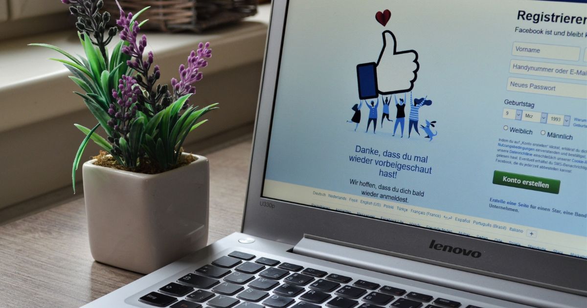 flower pot and facebook open in laptop