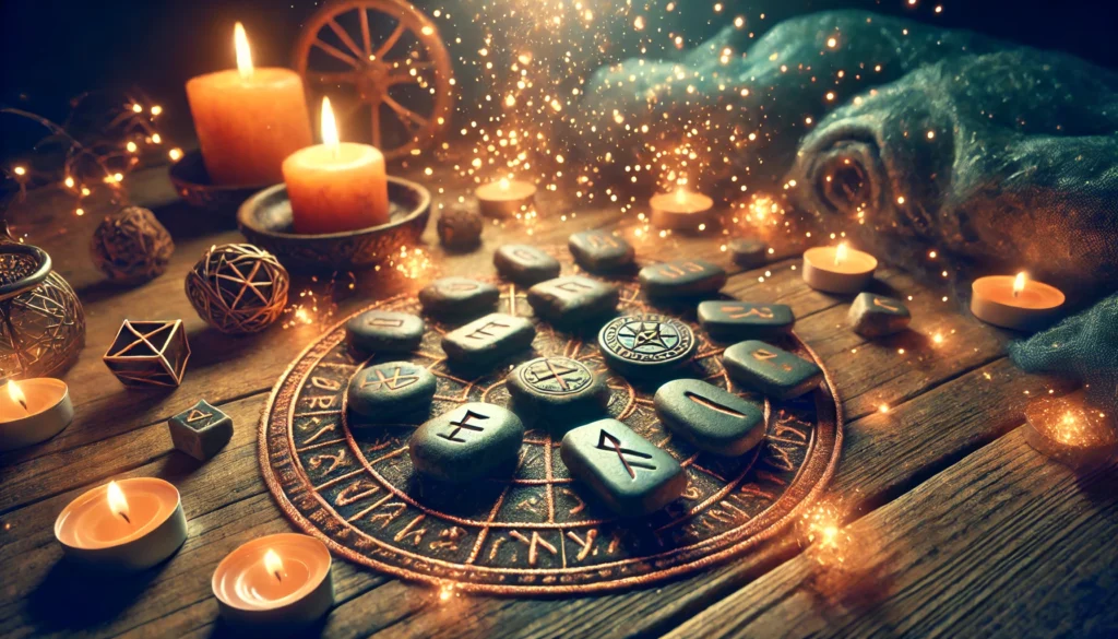 A collection of ancient Norse rune stones scattered on a wooden table, with a mystical, glowing aura around them. The scene is dimly lit with candles,