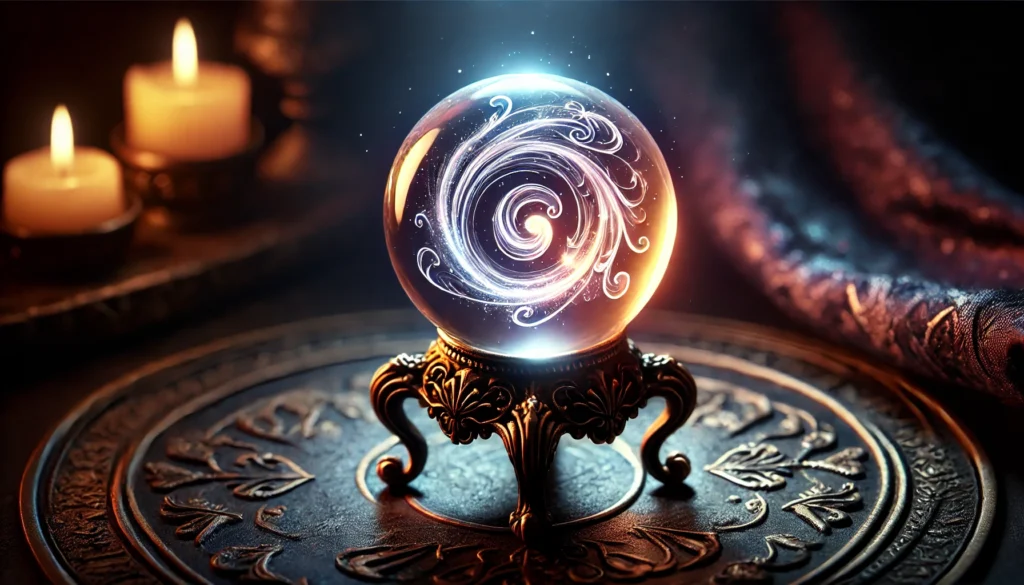 A glowing crystal ball placed on an ornate stand in a dark, mystical setting. The ball emits a soft light, with swirling magical energy inside, symbol