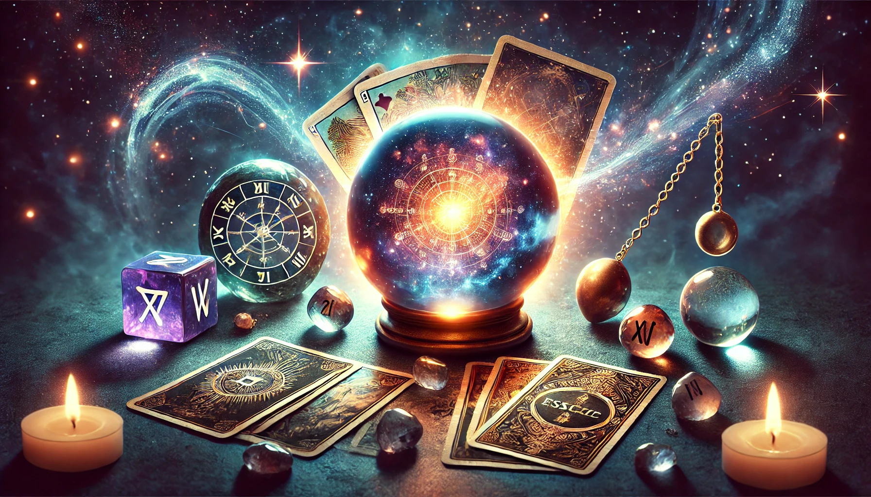 A mystical and enchanting feature image for a blog about different types of oracles. The scene includes a glowing crystal ball, tarot cards, rune stone