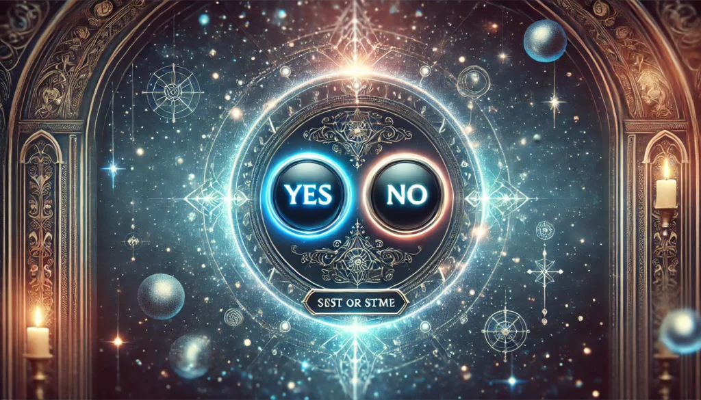 A mystical-looking digital interface displaying a Yes or No Oracle, with glowing 'Yes' and 'No' buttons, surrounded by a magical aura. The background