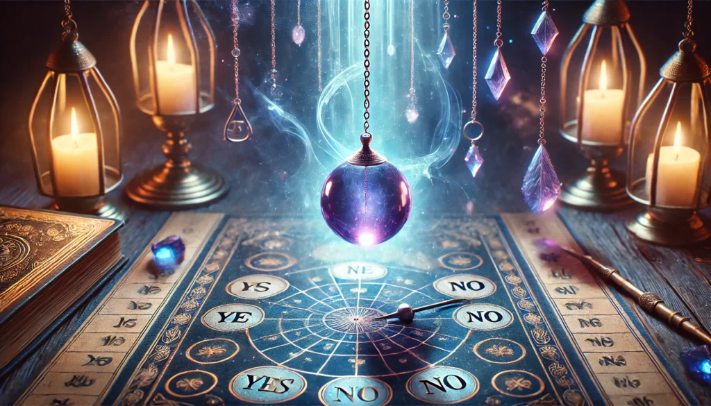 A mystical pendulum swinging over a divination chart with Yes and No markings. The scene has a magical glow, with a mysterious aura, symbolizing fortu