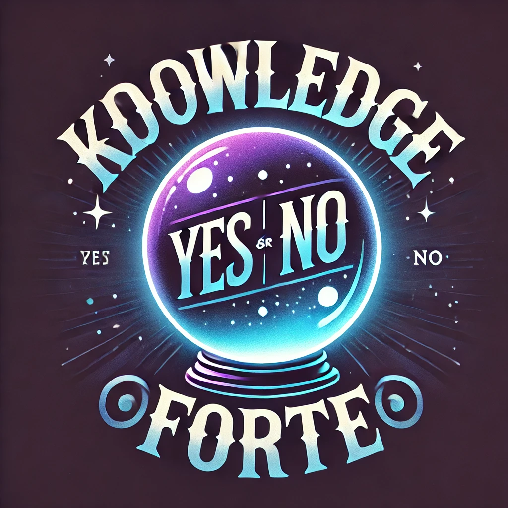 A mystical-themed logo for 'KnowledgeForte.com', featuring a glowing crystal ball with the words 'Yes' and 'No' inside. The design is inspired by the