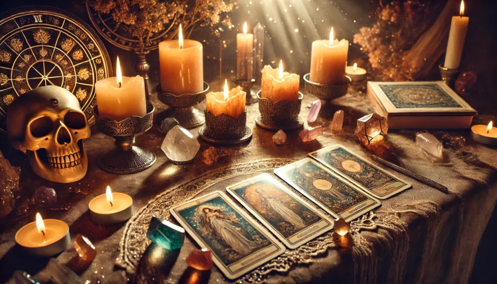 A set of Tarot cards laid out on a mystical table with candles, crystals, and a glowing aura. The scene has a warm, spiritual atmosphere, with an emph