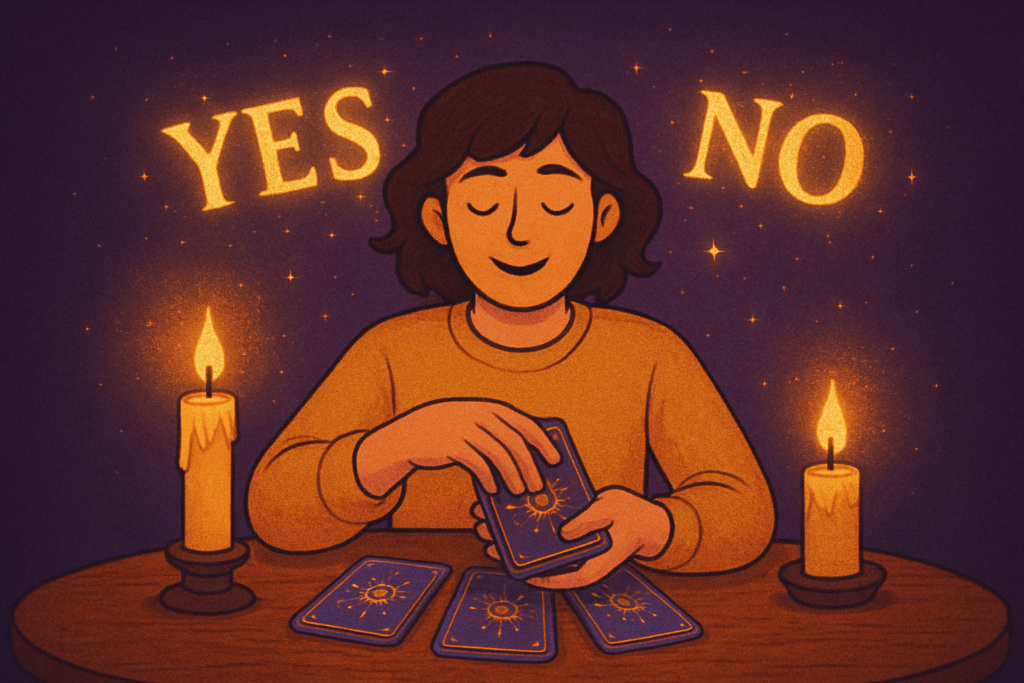 Smiling person at a candlelit table shuffling tarot cards with YES and NO words glowing above.