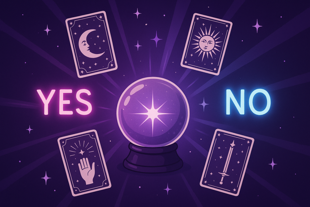 Floating tarot cards with a crystal ball and glowing YES/NO text on a starry purple background.