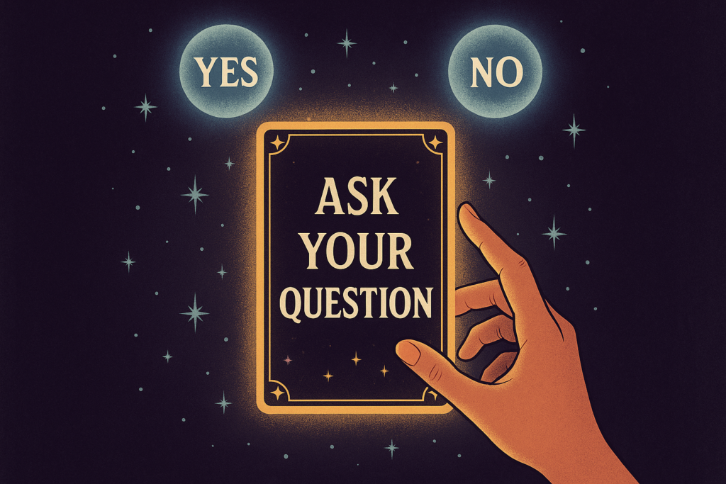 Hand reaching for a glowing tarot card with floating YES and NO orbs in the air.