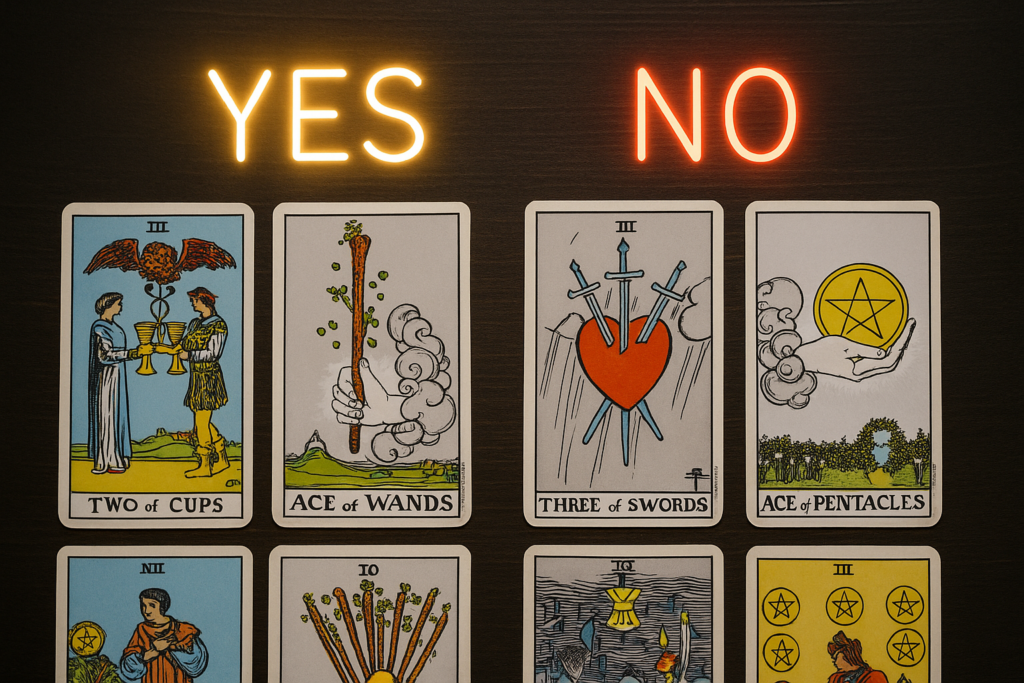 Spread of tarot cards showing suits of cups, wands, swords, and pentacles with glowing YES and NO symbols.