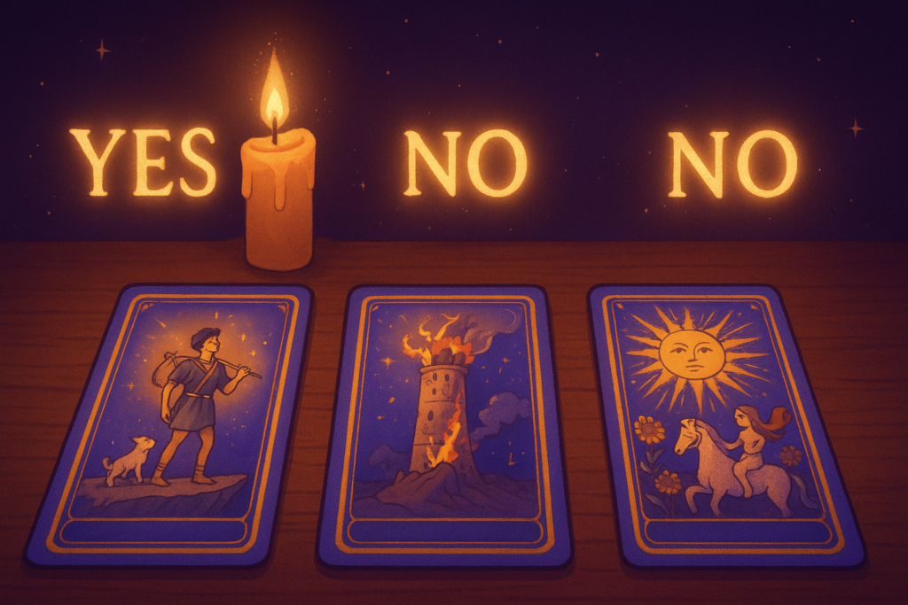 Tarot cards on a wooden table with magical candlelight, two marked YES and one marked NO.