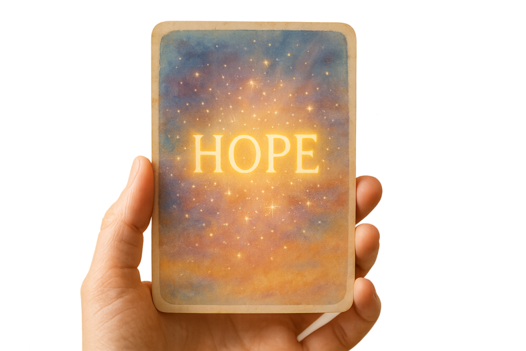 Oracle card with uplifting word glowing in magical light