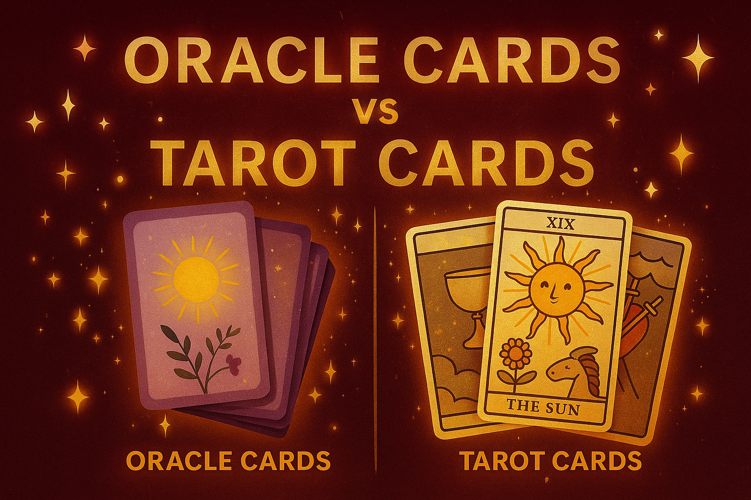 Oracle cards vs tarot cards illustration showing the contrast between structured tarot deck and flexible oracle deck.