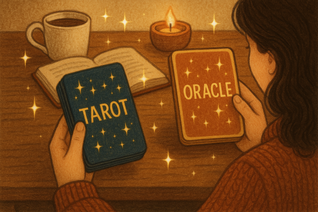 Person choosing between tarot deck and oracle deck.