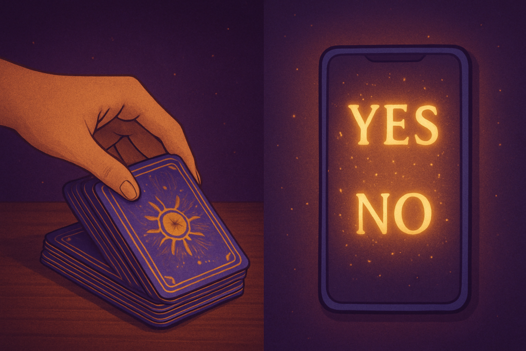 Split image showing a hand shuffling tarot cards on one side and a glowing smartphone screen with YES and NO on the other.
