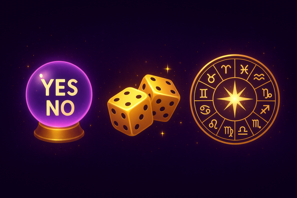 Yes or No Oracle, Dice Oracle, and Astrology Oracle illustrations.