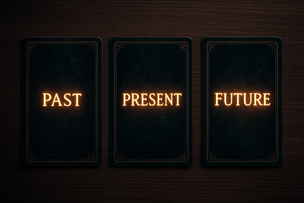 A three-card oracle spread labeled Past, Present, and Future on a mystical table.