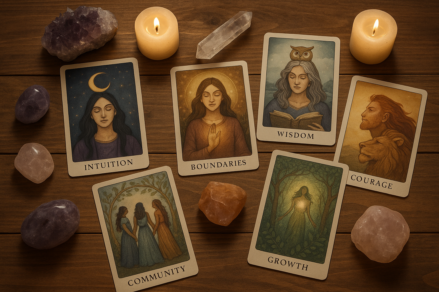 Different oracle card decks with crystals and candles on a wooden table.