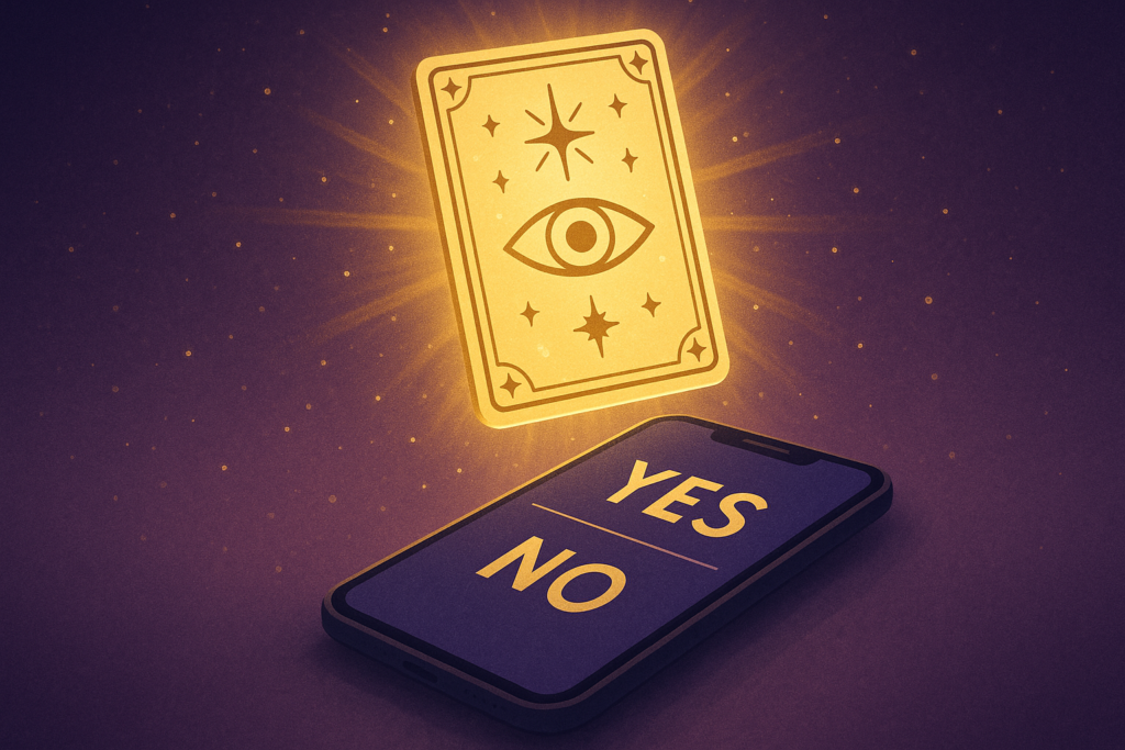 Floating oracle card above a phone screen with magical YES and NO answers glowing.