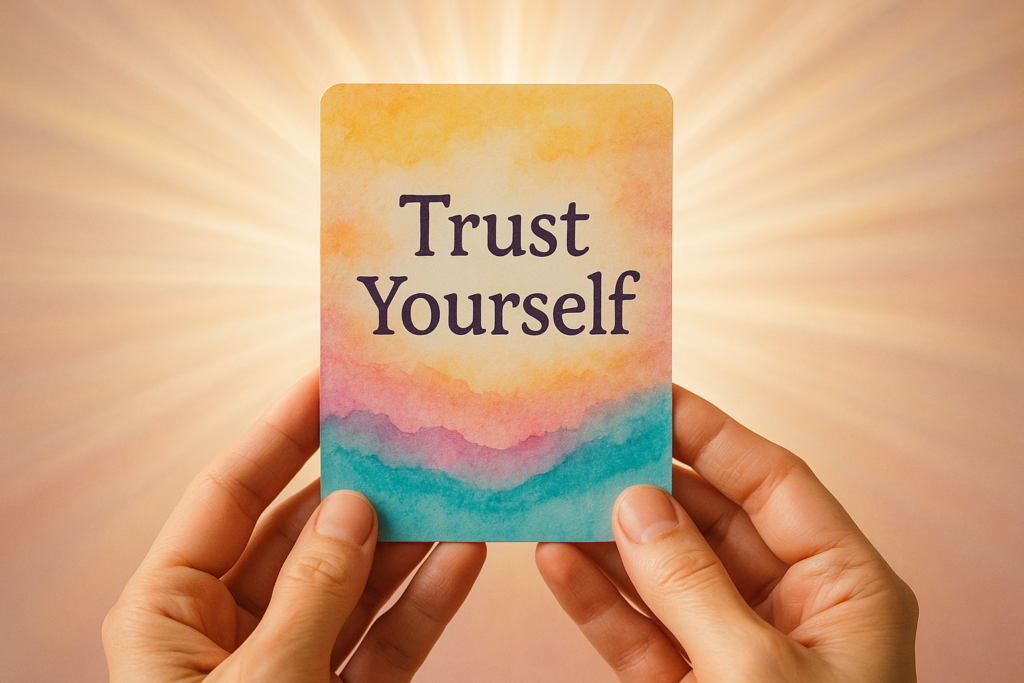 Hand holding an oracle card with inspirational message and glowing light.