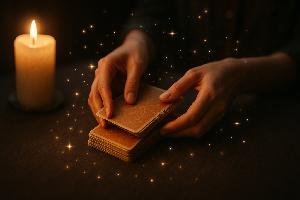 Hands shuffling oracle cards on a candlelit table with a mystical glow.