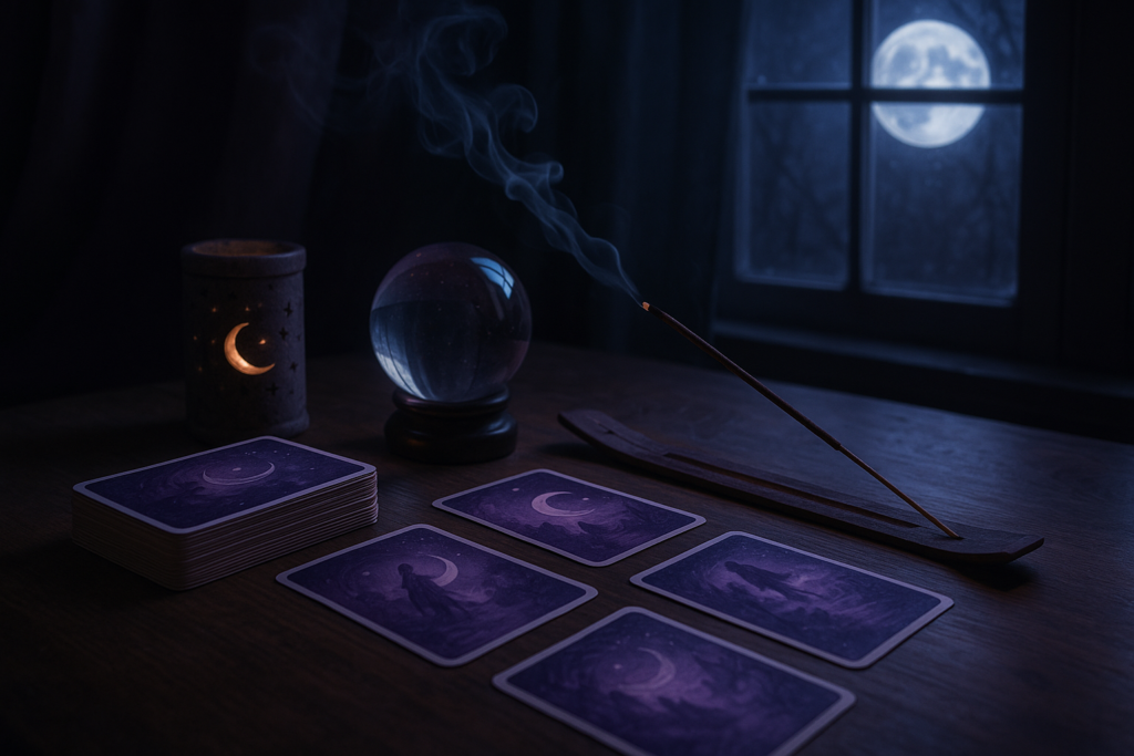 Mystical oracle card reading setup with incense and moonlight.