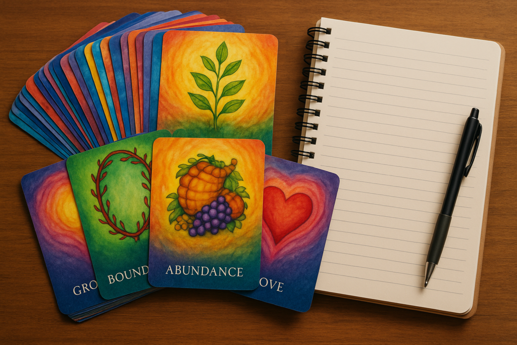 Open oracle card deck with colorful illustrations, placed next to a journal and pen for reflective writing.