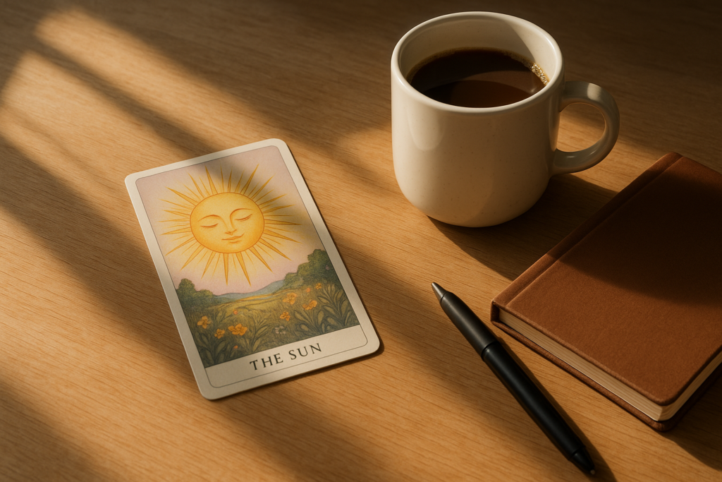 Oracle card placed beside a coffee cup and journal, symbolizing daily inspiration practice.