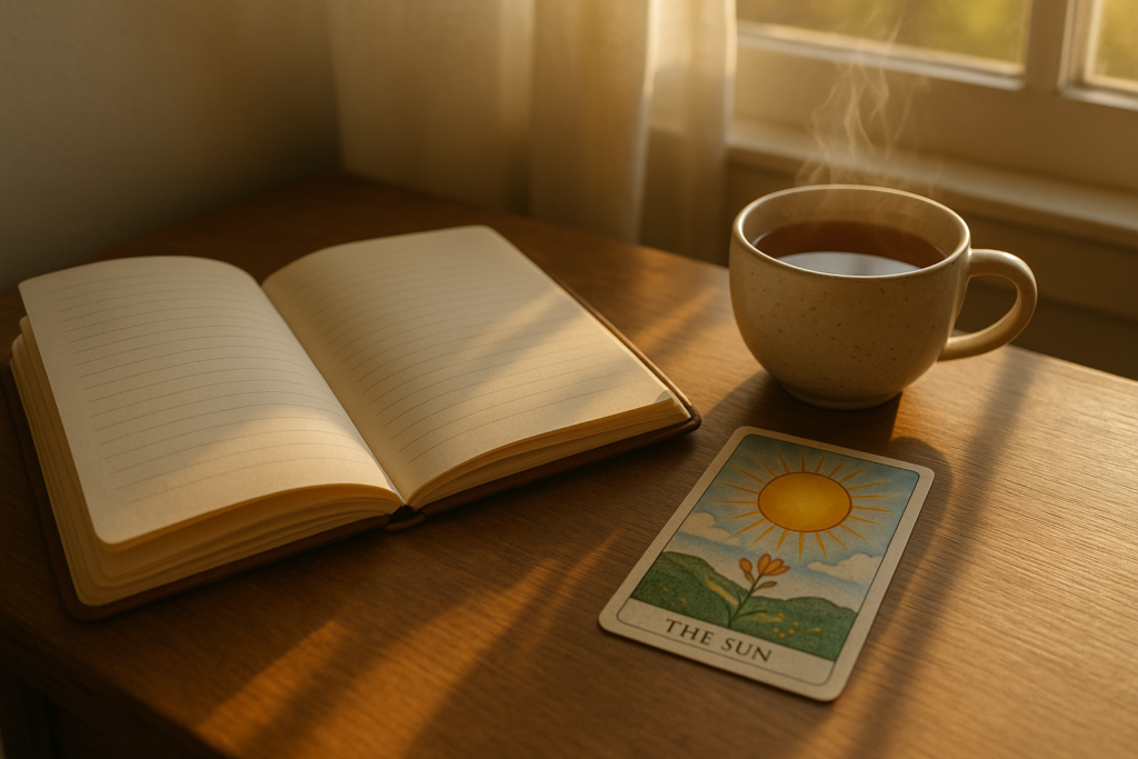 Oracle card placed beside a journal and cup of tea for daily reflection.