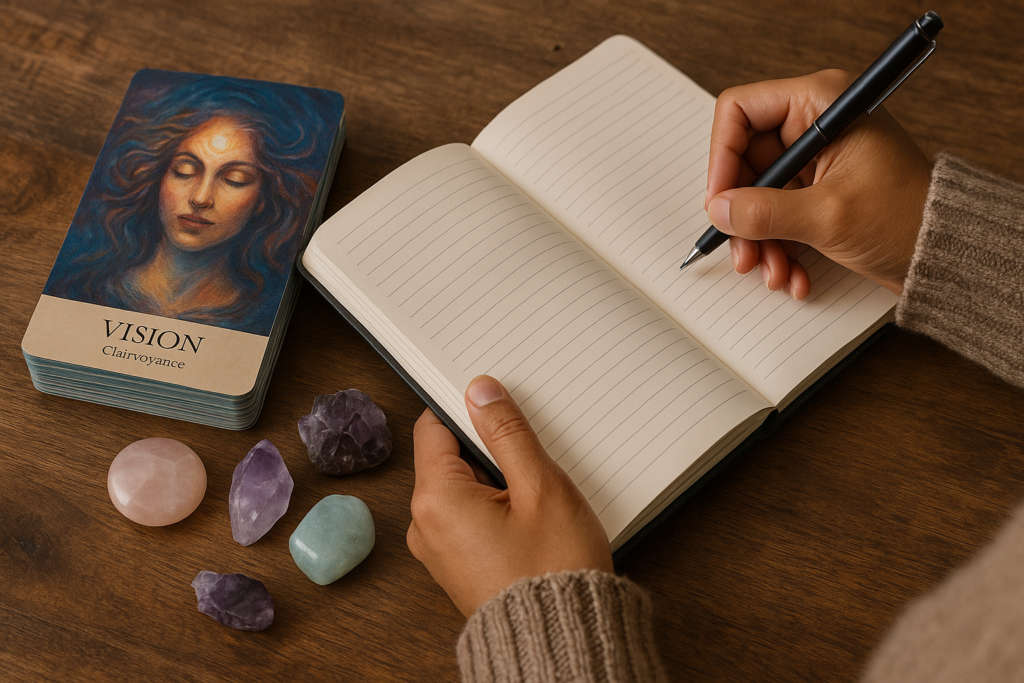 Oracle card reader journaling after a card pull with crystals beside notebook.