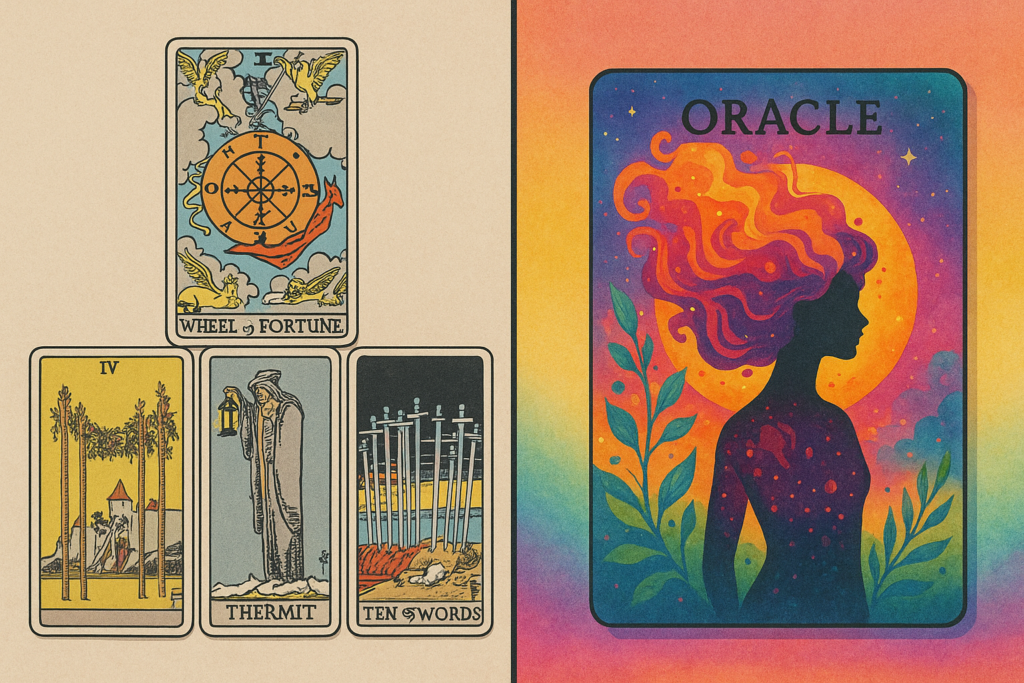 Oracle card vs tarot card comparison with distinct designs.