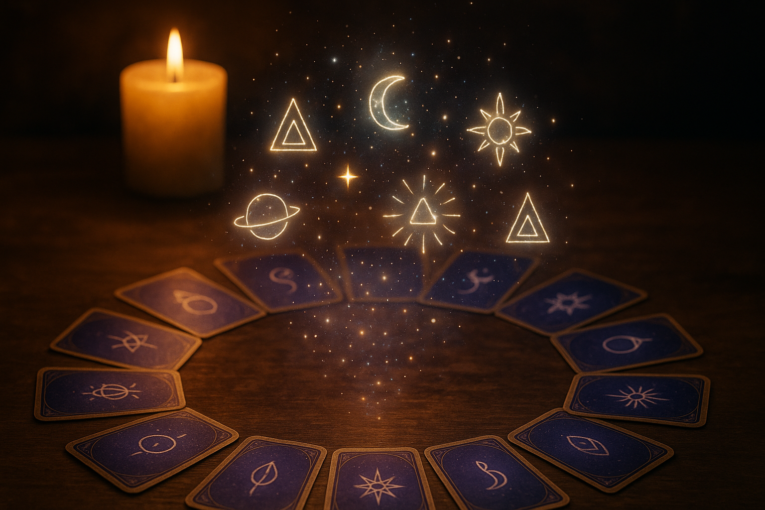 Oracle cards glowing in a mystical circle with candles and symbols.