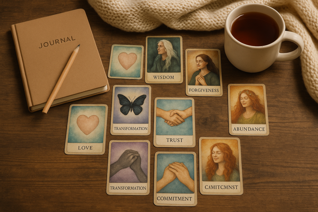 Oracle cards spread on a table with a journal and tea cup during reading.