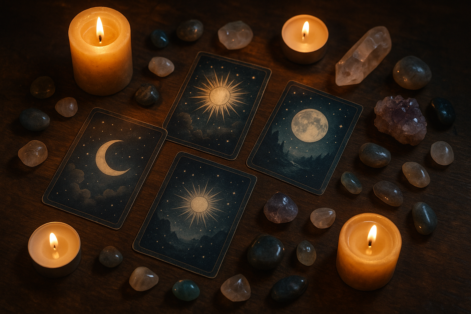 Oracle cards spread on a wooden table with candles and crystals, creating a mystical and welcoming atmosphere.