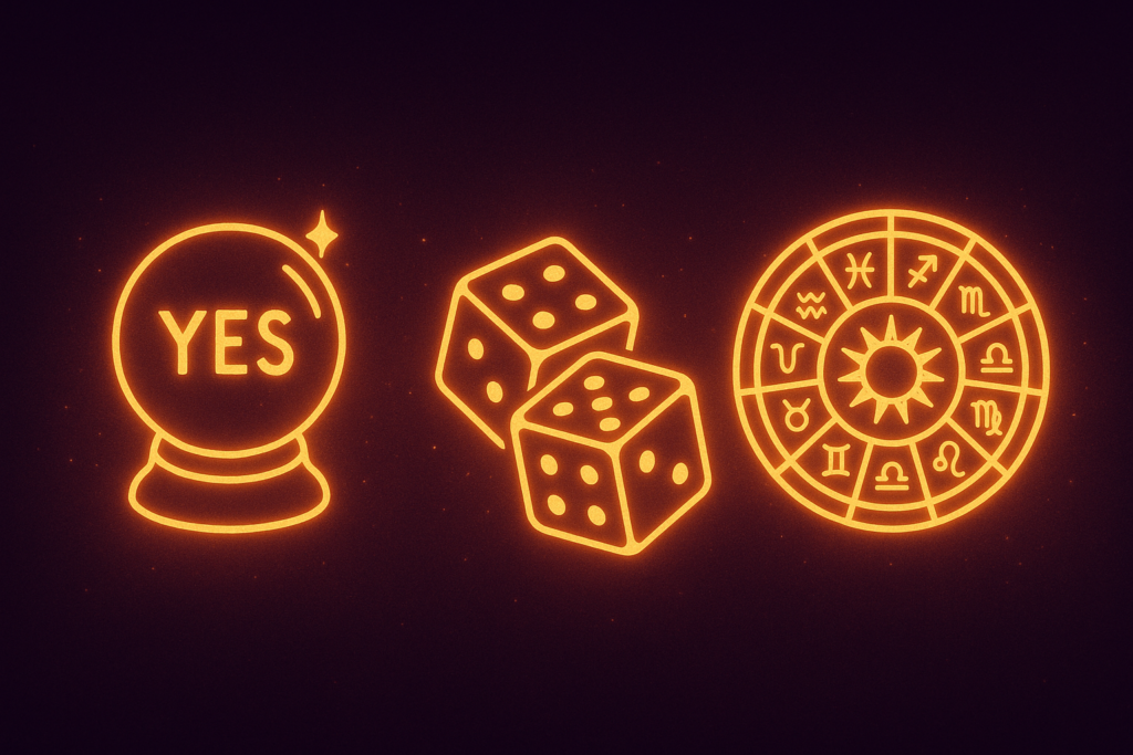 Oracle tools — crystal ball, magical dice, and zodiac wheel glowing together.