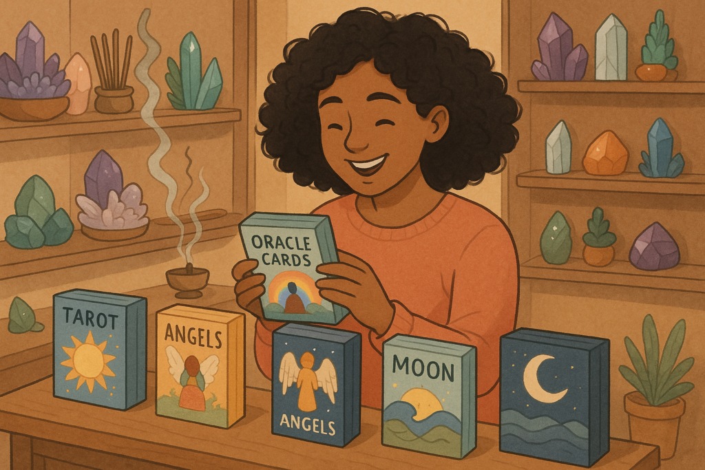 Person browsing oracle card decks in a cozy mystical shop with crystals and incense.
