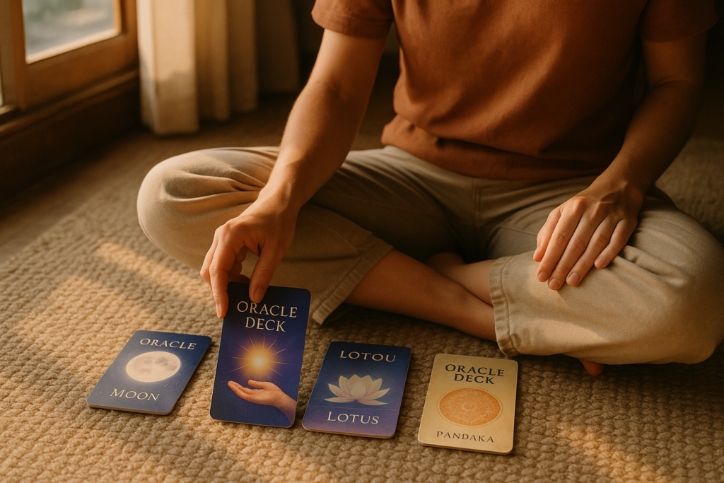 Person choosing an oracle deck while sitting on floor surrounded by cards.