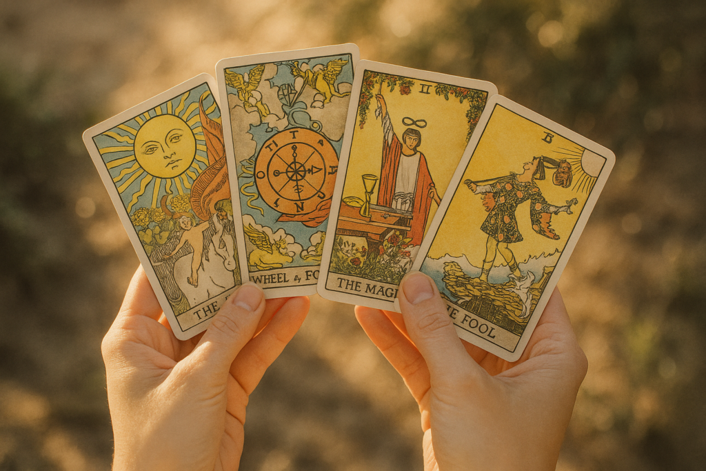 Person holding tarot cards and connecting with intuition through symbols.