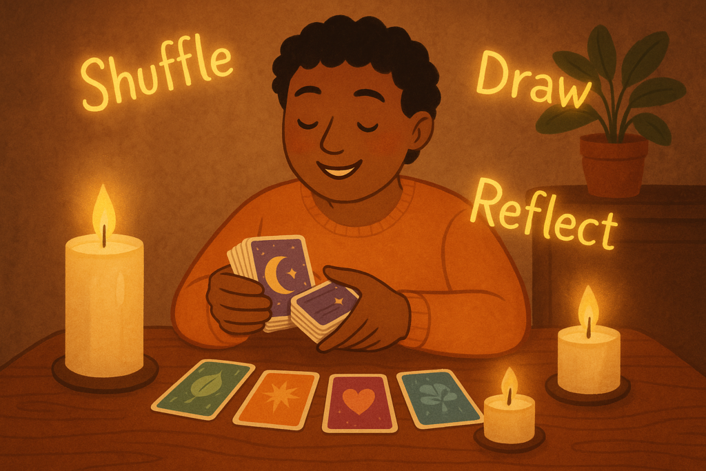 Person shuffling oracle cards at a candlelit table with magical guidance words.