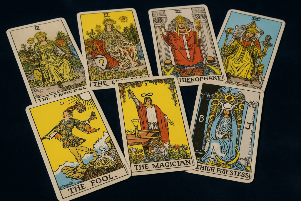 Rider-Waite tarot deck showing traditional Major Arcana cards.