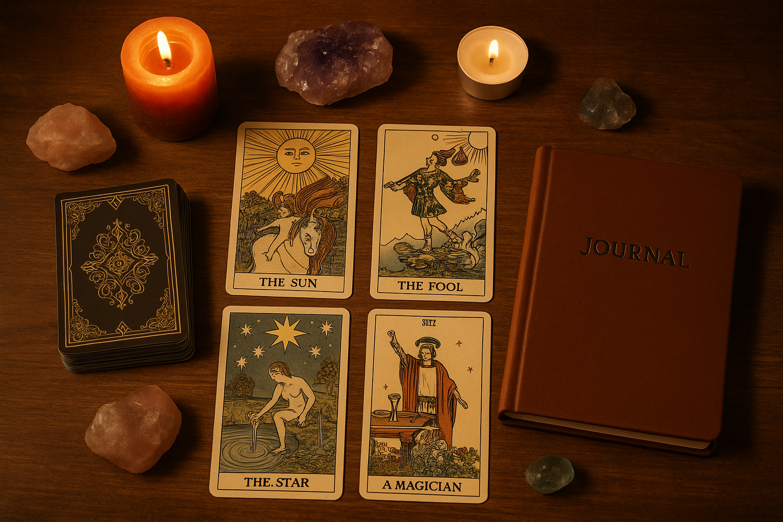Tarot cards with candles and crystals on a wooden table.