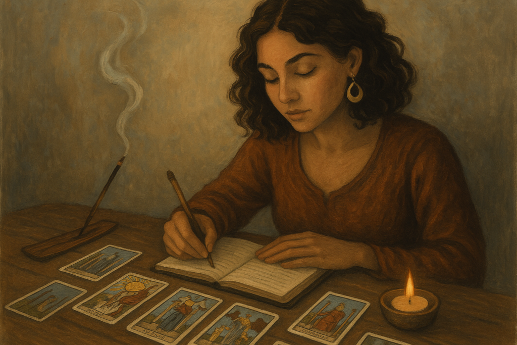 Tarot reader journaling reflections after a tarot reading.