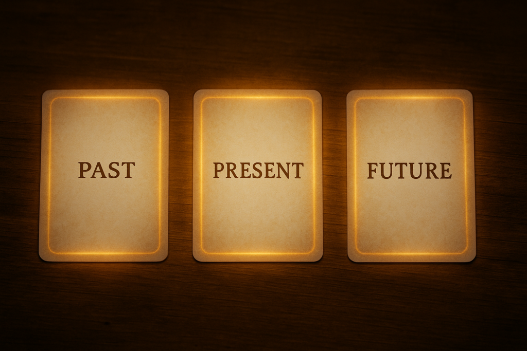 Three-card oracle spread labeled past, present, and future.