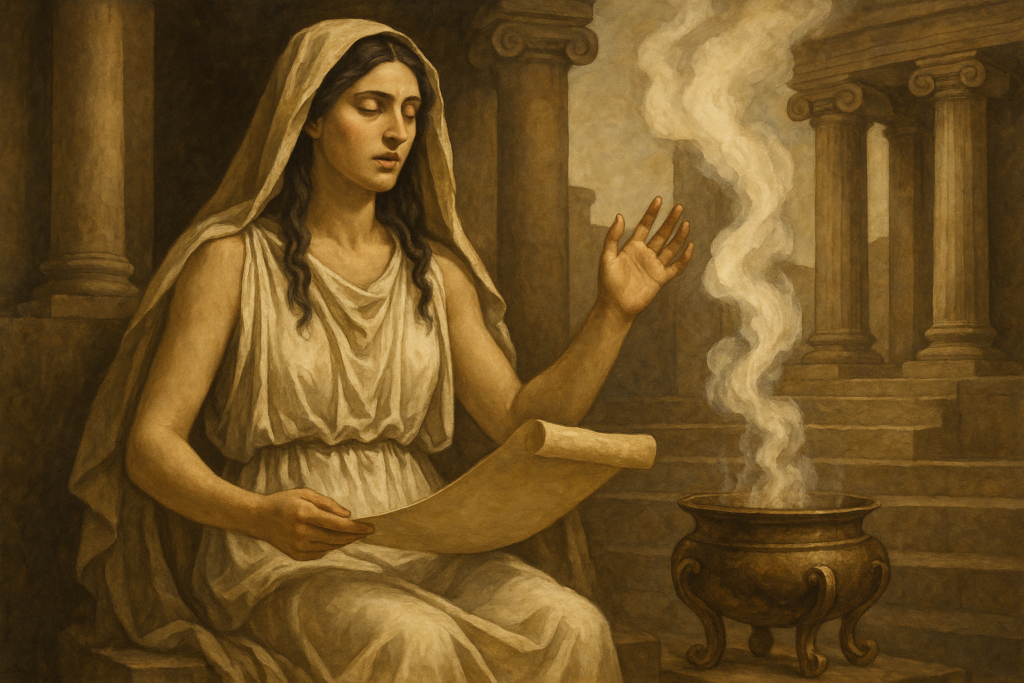 Ancient oracle priestess in a temple symbolizing historical roots of divine communication.