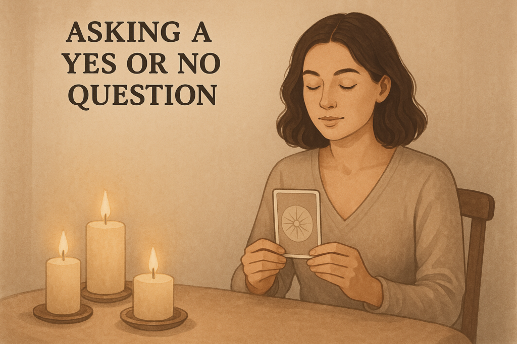 A woman sitting at a candle-lit table, holding an oracle card while asking a yes or no question, calm energy and soft tones.
