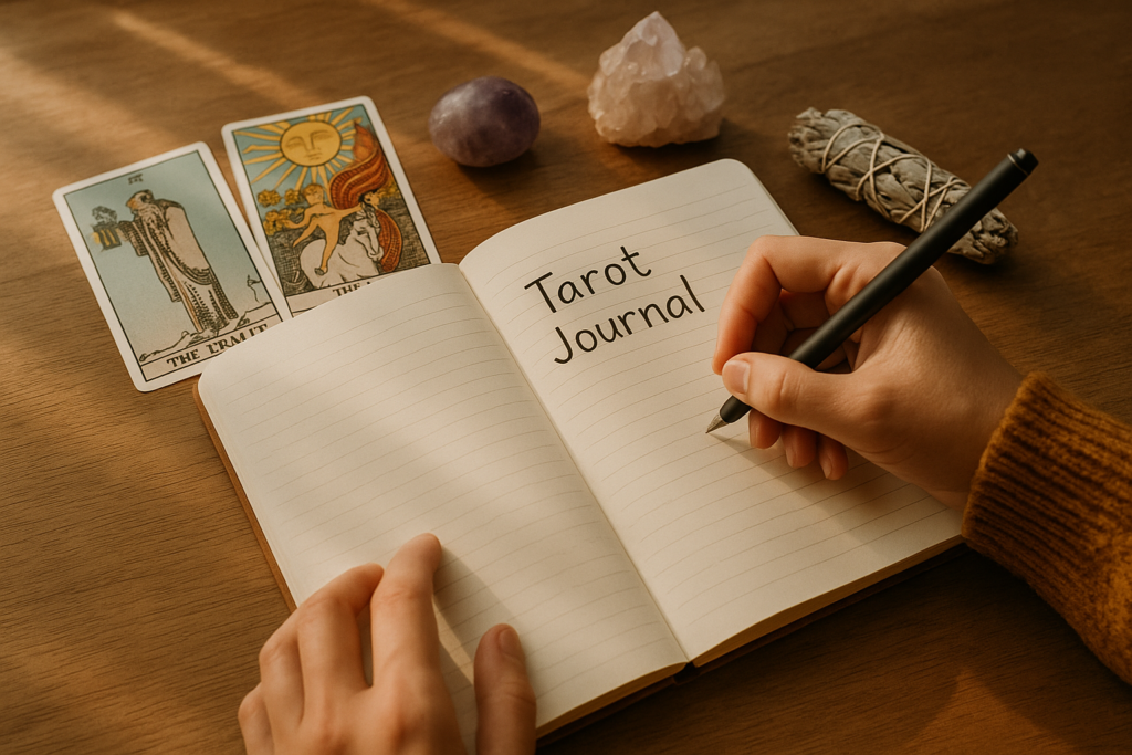 A person writing in a tarot journal beside a few tarot cards and crystals, symbolizing daily reflection and tarot reading practice.