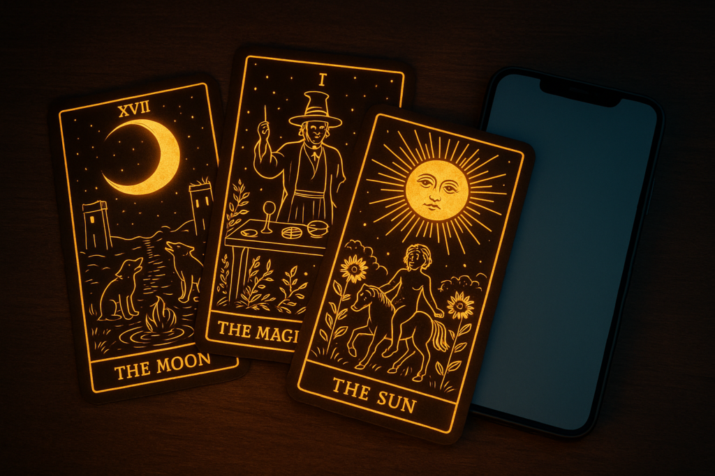 Digital tarot card spread beside a smartphone symbolizing modern online tarot readings.