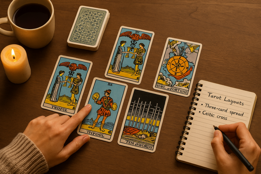 A person trying new tarot spreads and taking notes during a reading.