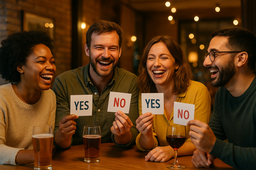 Group of adults smiling and having fun while answering playful yes or no questions during a dinner or party.