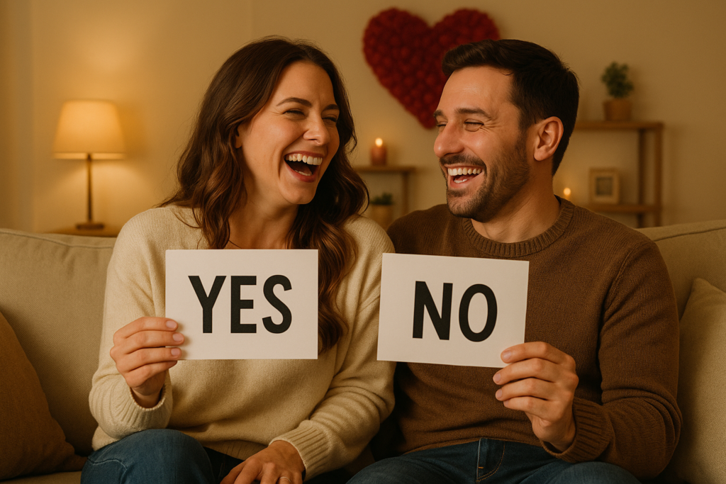 Smiling couple sitting together laughing while answering fun yes or no questions in a cozy home setting.