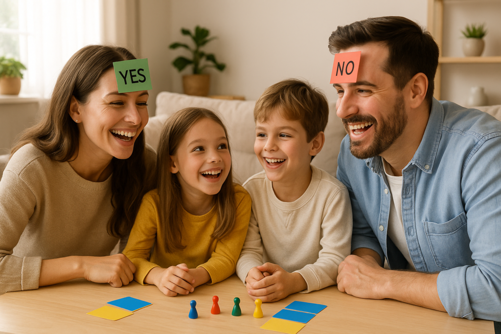 Happy family sitting together laughing while playing a yes or no question game at home.