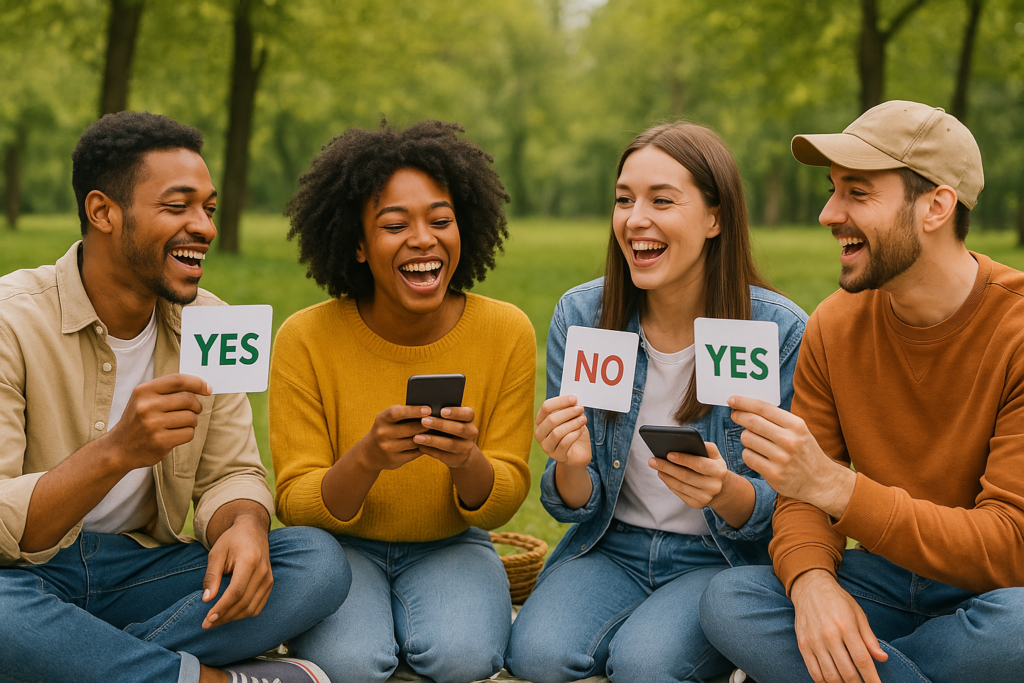 Friends enjoying a casual outdoor hangout while playing a yes or no question game.